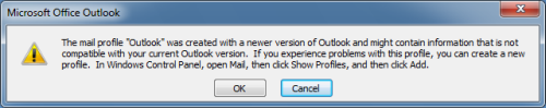 邮件配置文件是使用较新版本的 Outlook 创建的