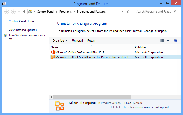 Outlook 2013 中缺少 Facebook 连接器